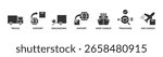 Seamless Global Logistics Icons set vector illustration glyph with Truck, Export, Unloading, Import, Ship cargo, Tracking, Air cargo