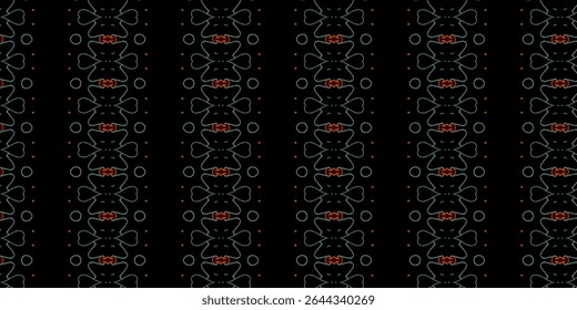 Modelo abstracto brillante inconsútil con las Formas simétricas y las líneas punteadas en un fondo oscuro, perfecto para el diseño digital, las impresiones textiles, y los Fondos de pantalla modernos.
