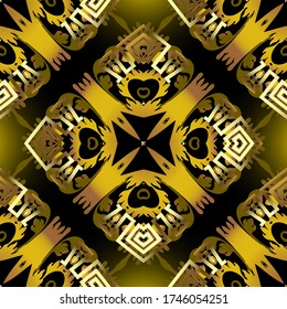 Seamless glowing abstract vector modern pattern. Ornamental tribal background. Repeat ethnic greek style backdrop. Ornate decorative floral ornament. Vintage flowers, leaves, greek key meanders.