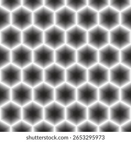 Padrão de cubo brilhante e contínuo com efeito de ilusão óptica em preto e branco. Ideal para ficção científica, tecnologia ou fundos abstratos modernos e texturas.