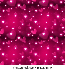 seamless of glowing heart with magic particles on dark pink background