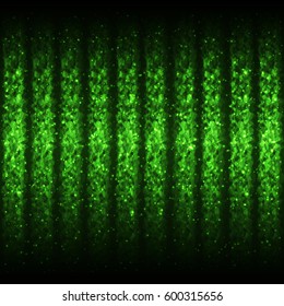 Seamless Glowing Pattern of Green Wave Lines for App, Program, Website. Continuous Shimmering Background with Effect of Gleaming Flying Particles.