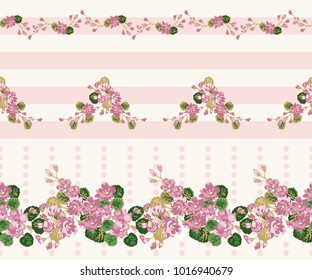 Seamless glowing pattern in lovely flowers. Composite overlay. Floral arrangements on striped background. For textile, wallpaper, covers, surface, print, gift wrap, scrapbooking, decoupage.