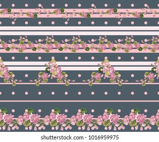 Seamless glowing pattern in lovely flowers. Composite overlay. Floral arrangements on striped background. For textile, wallpaper, covers, surface, print, gift wrap, scrapbooking, decoupage.