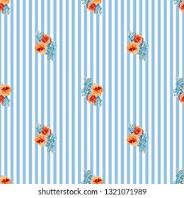 Seamless glowing pattern in lovely flowers. Composite overlay. Floral arrangements on striped background. For textile, wallpaper, covers, surface, print, gift wrap, scrapbooking, decoupage.