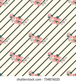 Seamless glowing pattern in lovely flowers. Composite overlay. Floral arrangements on striped background. For textile, wallpaper, covers, surface, print, gift wrap, scrapbooking, decoupage.