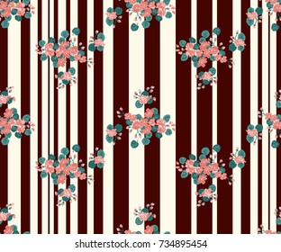 Seamless glowing pattern in lovely flowers. Composite overlay. Floral arrangements on striped background. For textile, wallpaper, covers, surface, print, gift wrap, scrapbooking, decoupage.