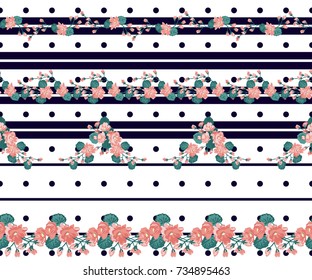 Seamless glowing pattern in lovely flowers. Composite overlay. Floral arrangements on striped background. For textile, wallpaper, covers, surface, print, gift wrap, scrapbooking, decoupage.