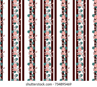 Seamless glowing pattern in lovely flowers. Composite overlay. Floral arrangements on striped background. For textile, wallpaper, covers, surface, print, gift wrap, scrapbooking, decoupage.