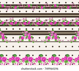 Seamless glowing pattern in lovely flowers. Composite overlay. Floral arrangements on striped background. For textile, wallpaper, covers, surface, print, gift wrap, scrapbooking, decoupage.