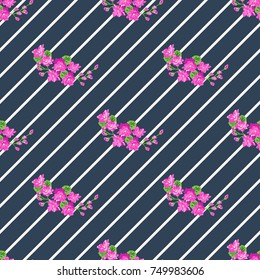 Seamless glowing pattern in lovely flowers. Composite overlay. Floral arrangements on striped background. For textile, wallpaper, covers, surface, print, gift wrap, scrapbooking, decoupage.