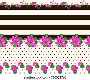 Seamless glowing pattern in lovely flowers. Composite overlay. Floral arrangements on striped background. For textile, wallpaper, covers, surface, print, gift wrap, scrapbooking, decoupage.