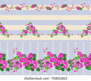 Seamless glowing pattern in lovely flowers. Composite overlay. Floral arrangements on striped background. For textile, wallpaper, covers, surface, print, gift wrap, scrapbooking, decoupage.