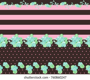 Seamless glowing pattern in lovely flowers. Composite overlay. Floral arrangements on dark striped background. For textile, wallpaper, covers, surface, print, gift wrap, scrapbooking, decoupage.