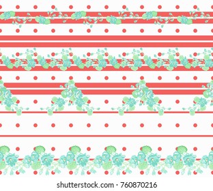 Seamless glowing pattern in lovely flowers. Composite overlay. Floral arrangements on coral striped background. For textile, wallpaper, covers, surface, print, gift wrap, scrapbooking, decoupage.