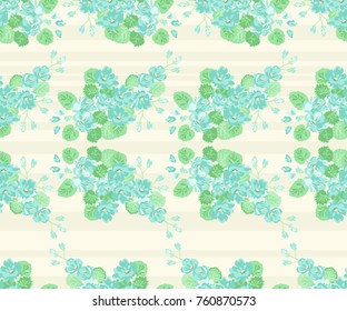 Seamless glowing pattern in lovely flowers. Composite overlay. Floral arrangements on light striped background. For textile, wallpaper, covers, surface, print, gift wrap, scrapbooking, decoupage.
