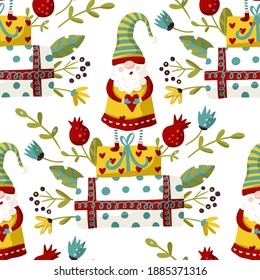 Seamless Gnome with Heart Vector pattern. Cute Valentines hand drawn little gnomes with flowers and gifts illustration. Kid ornate cartoon holiday background with mushroom.