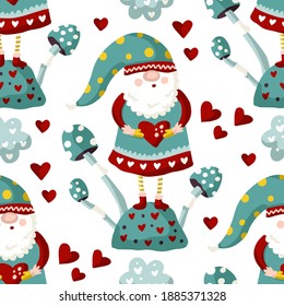 Seamless Gnome with mushroom and heart Vector pattern. Cute Valentines hand drawn little gnomes illustration. Kid ornate cartoon holiday background with mushroom.