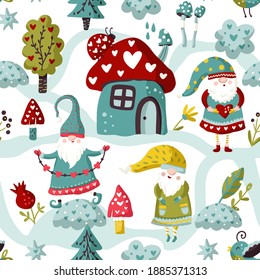 Seamless Gnome Vector pattern. Cute Valentines hand drawn little gnomes illustration with house and ladybug. Kid ornate cartoon holiday scandinavian background.