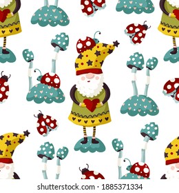 Seamless Gnome Vector pattern. Cute Valentines hand drawn little gnomes illustration. Kid ornate cartoon holiday background with mushroom and ladybug.