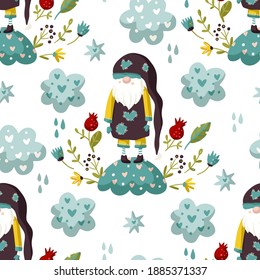 Seamless Gnome = Vector pattern. Cute Valentines hand drawn little gnomes illustration with cloud and heart. Kid floral ornate cartoon holiday scandinavian background.