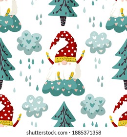 Seamless Gnome Vector pattern. Cute Valentines hand drawn little gnomes illustration with fir tree, cloud and heart. Kid ornate cartoon holiday scandinavian background.