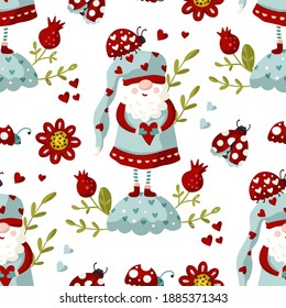 Seamless Gnome Vector pattern with flower and ladybug. Cute Valentines hand drawn little gnomes illustration. Kid ornate cartoon holiday scandinavian background.