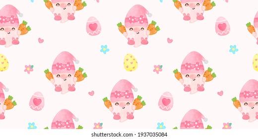 Seamless gnomes vector holding carrot illustration for Easter holiday and spring season kawaii cartoon pattern background: Series fairy tale character (flat Girly doodles). Perfect Nursery children.