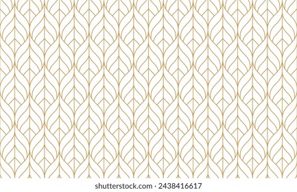 Patrón de hojas art decó de oro sin costura, fondo de líneas de onda repetidas de lujo para tela, papel pintado, tarjeta o papel de envoltura. Ilustración vectorial. Vector de stock