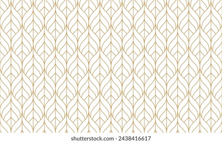 Seamless gold art deco leave pattern, luxury repeating wave lines background for fabric, wallpaper, card, or wrapping paper. Vector illustration.