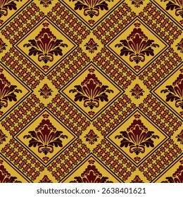 Seamless gold background with repeating dark brown damask florals elements and diamond frame.Vector illustration.