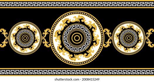 Seamless gold baroque pattern with chain on a black background.EPS10 Illustration.