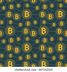 Seamless gold Bitcoin pattern cryptocurrency with lines on a dark background