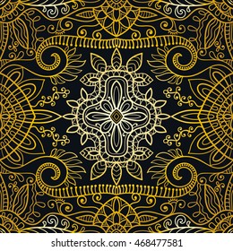 Seamless gold and black lace pattern. Contemporary graphic design, seamless line geometric background. Vector stylish endless texture. Tribal ethnic arabic, indian, turkish ornament