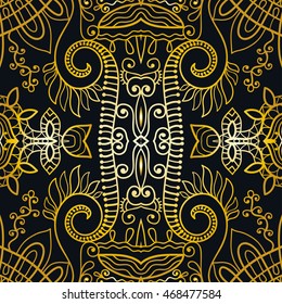 Seamless gold and black lace pattern. Contemporary graphic design, seamless line geometric background. Vector stylish endless texture. Tribal ethnic arabic, indian, turkish ornament