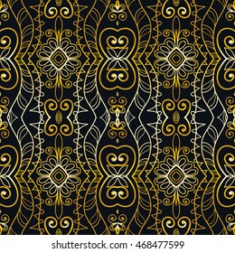 Seamless gold and black lace pattern. Contemporary graphic design, seamless line geometric background. Vector stylish endless texture. Tribal ethnic arabic, indian, turkish ornament