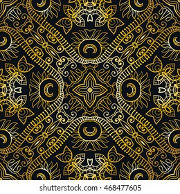 Seamless gold and black lace pattern. Contemporary graphic design, seamless line geometric background. Vector stylish endless texture. Tribal ethnic arabic, indian, turkish ornament