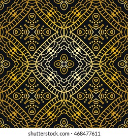 Seamless gold and black lace pattern. Contemporary graphic design, seamless line geometric background. Vector stylish endless texture. Tribal ethnic arabic, indian, turkish ornament