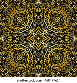 Seamless gold and black lace pattern. Contemporary graphic design, seamless line geometric background. Vector stylish endless texture. Tribal ethnic arabic, indian, turkish ornament