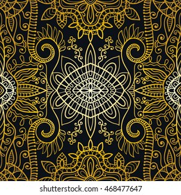 Seamless gold and black lace pattern. Contemporary graphic design, seamless line geometric background. Vector stylish endless texture. Tribal ethnic arabic, indian, turkish ornament