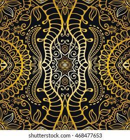 Seamless gold and black lace pattern. Contemporary graphic design, seamless line geometric background. Vector stylish endless texture. Tribal ethnic arabic, indian, turkish ornament
