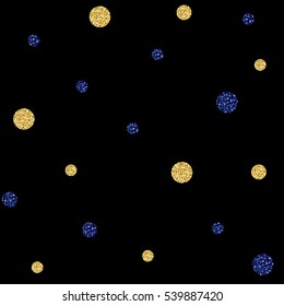 SEAMLESS GOLD AND BLUE DOT GLITTER PATTERN ON BLACK BACKGROUND