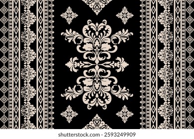 Seamless gold and brown floral damask tracery shape with geometric ethnic tradition pattern texture on black background	