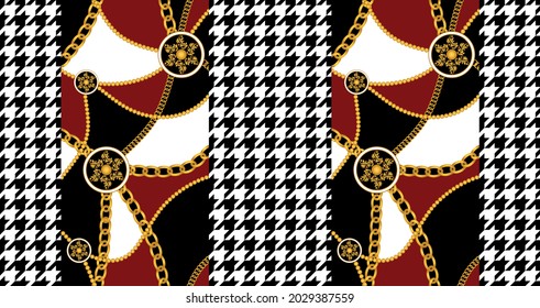 Seamless Gold Chains, Baroque  with Goose foot pattern. Vector Illustration.
