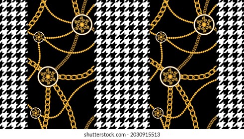 Seamless Gold Chains, Baroque  with Goose foot pattern. Vector Illustration.
