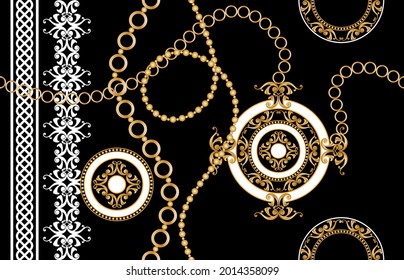 Seamless gold chains, baroque pattern on a black background.Vector Illustration.