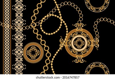 Seamless gold chains, baroque pattern on a black. Vector Illustration.