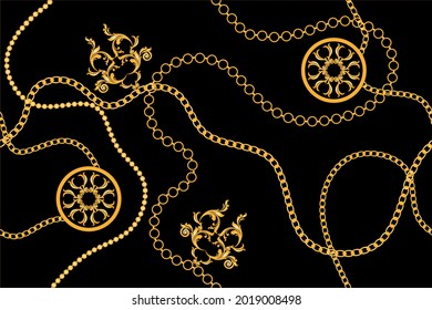 Seamless gold chains with baroque pattern on a black. Vector Illustration.