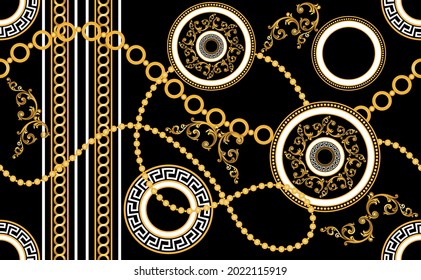 Seamless gold chains with baroque pattern on black. Vector Illustration.