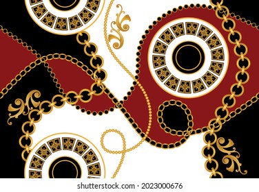 Chaînes dorées harmonieuses avec motif baroque sur fond noir. Illustration vectorielle.